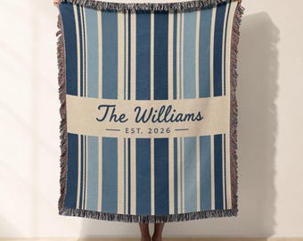 Custom Striped Woven Blanket, Coastal Jacquard Woven Throw, Personalized Family Name Bed Blanket, Nautical Sofa Tapestry Housewarming Gift