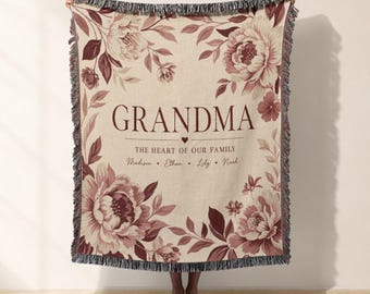 Grandma Floral Woven Blanket, Jacquard Woven Throw Tapestry, Grandparents Day Gift, Vintage Botanical Flower Sofa Throw Blanket for Nana