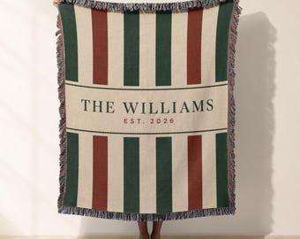 Custom Christmas Woven Blanket Jacquard Woven Throw, Striped Family Name Tapestry, Modern Preppy Sofa Bed Throw, Wedding Housewarming Gift