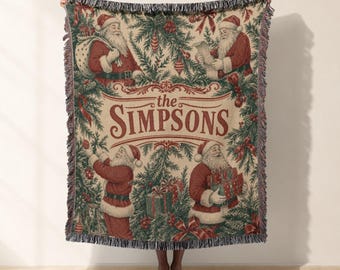 Vintage Santa Woven Blanket, Jacquard Woven Throw, Christmas Holiday Tapestry, Retro Festive Couch Blanket, Cozy Winter Home Decor Gift