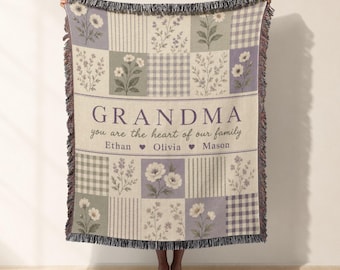 Grandma Woven Blanket, Floral Patchwork Jacquard Woven Throw, Custom Grandma Gift from Grandkids, Sentimental Cozy Sofa Bed Woven Tapestry