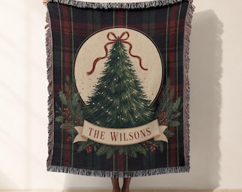 Custom Christmas Tree Woven Blanket And Woven Tapestry, Holiday Plaid Jacquard Throw, Personalized Family Name Gift, Cozy Sofa Blanket