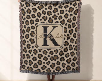 Custom Leopard Print Woven Blanket, Monogram Jacquard Woven Throw, Personalized Animal Print Woven Tapestry Sofa Bed Blanket Gift for Her