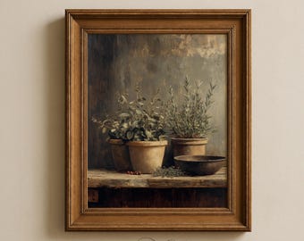 Vintage Kräuter Stillleben: Rustikaler Terrakotta-Topf Kunstwerk (Digitaler Download) 246