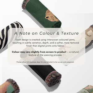 Woven blankets featuring animal prints and fringe detailing are shown with a text box.