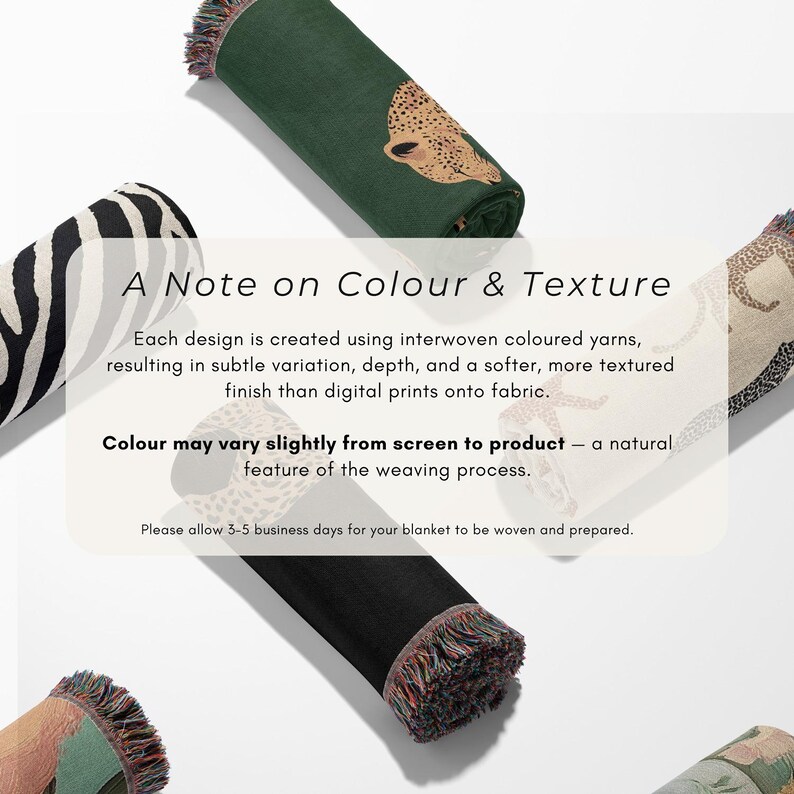 Woven blankets featuring animal prints and fringe detailing are shown with a text box.