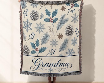 Grandma Woven Blanket, Jacquard Woven Throw, Winter Botanical Snowflake Bed Blanket, Cozy Christmas Gift for Grandma Sofa Tapestry