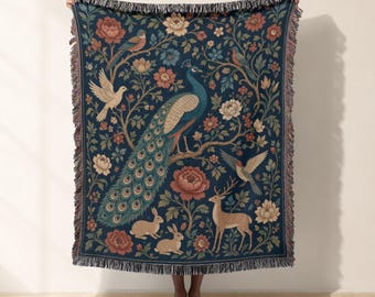 Peacock Woven Blanket, Floral Jacquard Woven Throw, Vintage Woven Tapestry Wall Hanging, Moody Botanical Sofa Throw, Dark Cottagecore Gift
