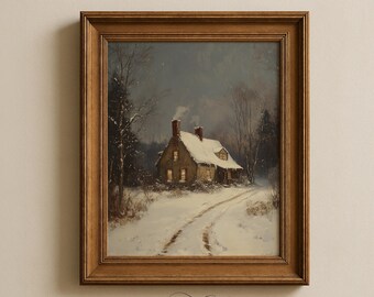 Cuadro antiguo de una cabaña nevada, acogedora escena invernal rústica (descarga digital) 205
