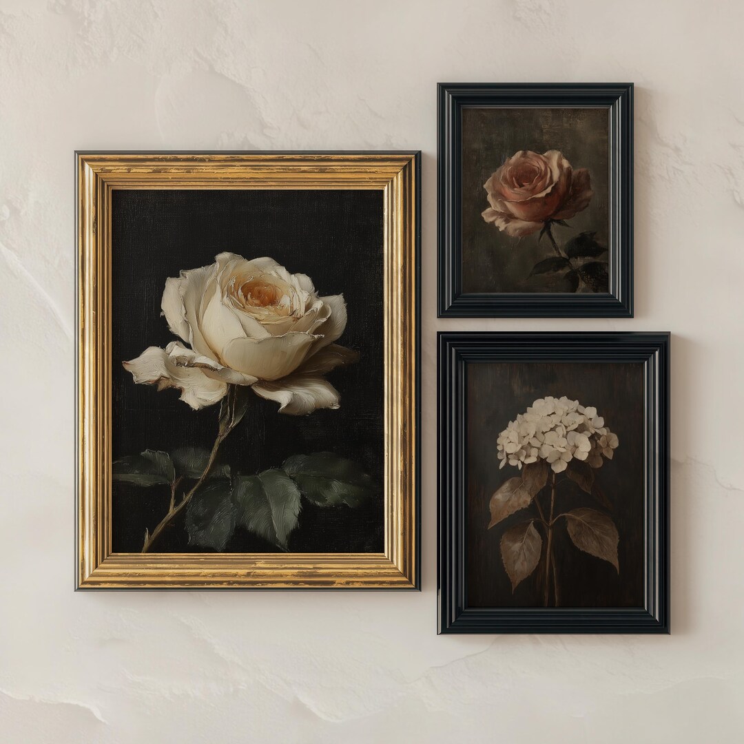 Vintage Floral Still Life Wall Art Set of 3: Rose & Hydrangea Prints ...
