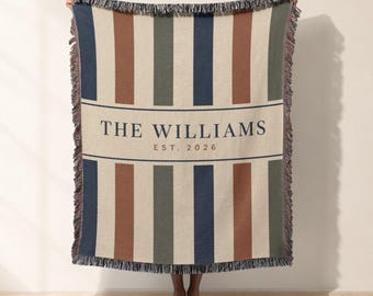 Personalized Striped Woven Blanket Custom Name Throw Bed Decor, Jacquard Woven Throw Tapestry Wall Hanging Housewarming Wedding Gift