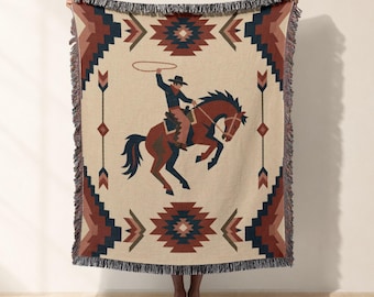 Western Cowboy Woven Blanket, Jacquard Woven Throw Tapestry, Southwestern Rustic Ranch Home Decor, Cozy Bed Throw, Housewarming Gift