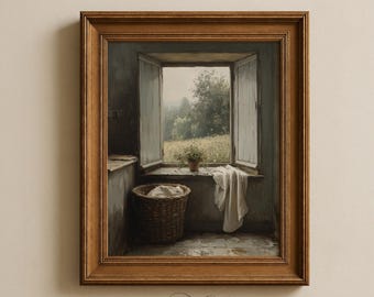 Rustic Country Window Painting, Linen and Basket Interior Art (Digital Download) 217