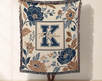 Custom Monogram Woven Blanket, Jacquard Woven Throw, Vintage Floral Sofa Bed Decor, Personalized Family Name Tapestry, Housewarming Gift