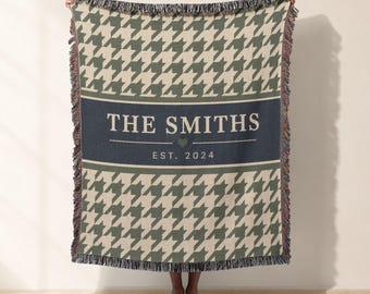 Custom Family Name Woven Blanket And Woven Tapestry, Houndstooth Jacquard Woven Throw, Personalized Wedding Gift, Modern Bed Blanket