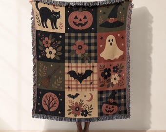 Vintage Halloween Woven Blanket, Jacquard Woven Throw, Folk Art Spooky Ghost Pumpkin Quilt Tapestry, Fall Decor, Housewarming Gift