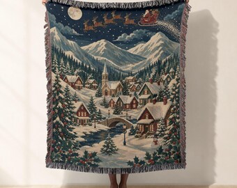 Vintage Christmas Woven Blanket, Santa Sleigh Winter Village Jacquard Woven Throw, Cozy Holiday Home Decor, Woven Tapestry Gift for Her