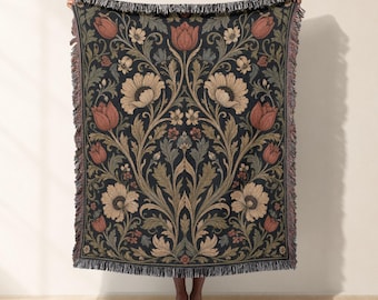 Vintage Botanical Woven Blanket, Jacquard Woven Throw Floral Tapestry, Arts Crafts Cottagecore Sofa Throw, Dark Academia Housewarming Gift