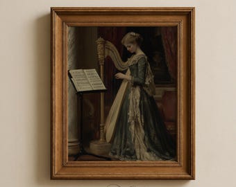 Nobleza vintage tocando el arpa, elegante arte mural clásico romántico (descarga digital) 276