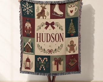 Personalized Christmas Woven Blanket And Woven Tapestry, Vintage Holiday Jacquard Woven Throw, Festive Winter Decor, Custom Family Gift