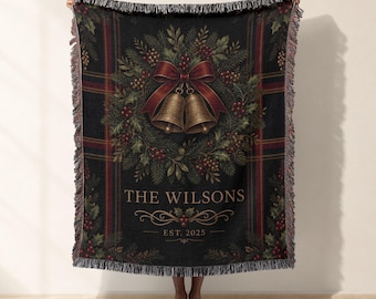 Custom Family Name Woven Blanket And Woven Tapestry, Christmas Holiday Wreath Jacquard Woven Throw, Plaid Festive Living Room Bed Decor