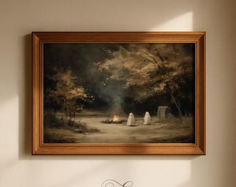 Puede incluir: Pintura vintage enmarcada que representa dos figuras de fantasmas alrededor de una fogata en un bosque. La obra de arte presenta una paleta de colores cálidos y un marco de madera, evocando nostalgia y lo sobrenatural.