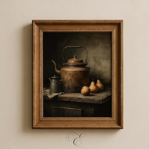 May include: Framed still life painting featuring a copper tea kettle, a small metal pitcher, and three pears. The objects are arranged on a wooden surface, with a dark background. The painting has a vintage aesthetic.
