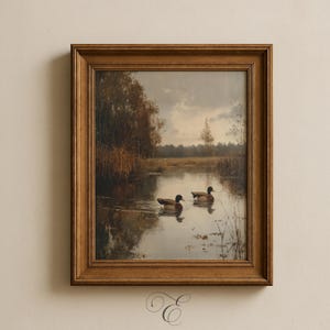 Stämningsfullt dammlandskap med ankor, rustik vintageväggkonst (digital nedladdning) 149