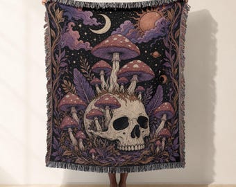 Gothic Skull Mushroom Woven Blanket, Dark Cottagecore Jacquard Woven Throw, Celestial Witchy Tapestry, Cozy Goblincore Bed Throw