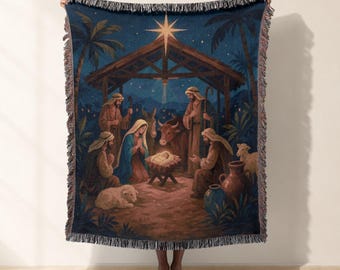 Nativity Scene Woven Blanket Jacquard Woven Throw Christian Christmas Decor Holy Family Tapestry Biblical Nativity Art Cozy Sofa Blanket