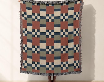 Geometric Checkered Woven Blanket, Jacquard Woven Throw Blanket, Mid Century Modern Plaid Bed Throw, Cozy Wall Tapestry Housewarming Gift