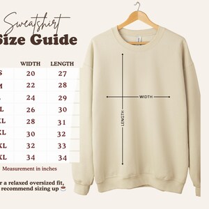 Sweatshirt size guide with measurements for width and length.