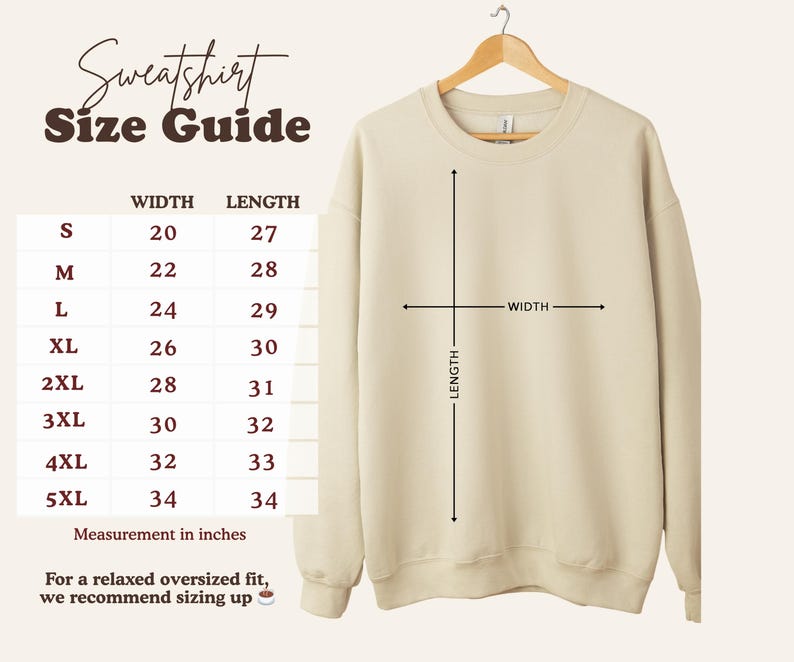 Sweatshirt size guide with measurements for width and length.