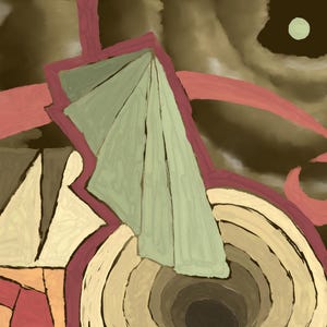 Pode incluir: Pintura abstrata com uma paleta de cores suaves. A obra apresenta formas geométricas, incluindo triângulos e uma forma central em leque em tons de verde. Redemoinhos e fitas em vermelho e castanho adicionam movimento.