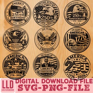 May include: Nine circular designs with patriotic themes, including eagles, flags, and the Statue of Liberty. Each design commemorates the 250th anniversary of the United States, with the years 1776-2026. The designs are in black and white.