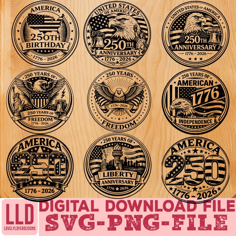 May include: Nine circular designs with patriotic themes, including eagles, flags, and the Statue of Liberty. Each design commemorates the 250th anniversary of the United States, with the years 1776-2026. The designs are in black and white.