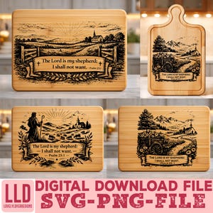 May include: Four wooden cutting boards with engraved designs. Each board features a different pastoral scene with the text "The Lord is my shepherd; I shall not want. Psalm 23:1." The boards are rectangular and square.