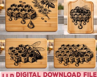 ハニカムビーSVG PNG、3Dハニードリップレーザー彫刻ファイル、カッティングボードシャルキュトリーデザイン、養蜂家ギフトバンドル、デジタルダウンロード