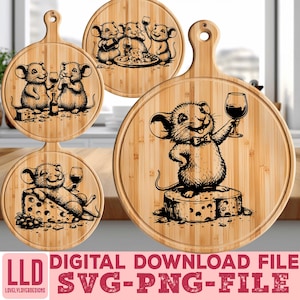 May include: Four round wooden cutting boards with a handle, each featuring a black and white illustration of mice enjoying wine and cheese. The boards have a natural wood grain finish and are suitable for kitchen use.