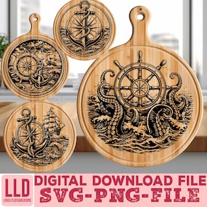 May include: Four round wooden cutting boards with nautical designs. Each board features an etched black design of an anchor, compass rose, ship's wheel, and ship. The boards have a handle with a hole for hanging. The bottom of the image has the text "DIGITAL DOWNLOAD FILE SVG-PNG-FILE".