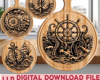 コンパスと錨のSVG PNGバンドル | 航海用レーザー彫刻ファイル | カッティングボードと木製看板のシャルキュトリーデザイン | デジタルダウンロード