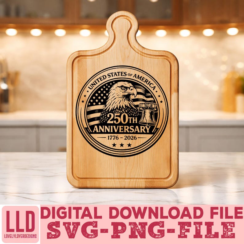 May include: A wooden cutting board with a handle, featuring a circular design commemorating the 250th anniversary of the United States. The design includes an eagle, American flag, and the Liberty Bell. The text "UNITED STATES OF AMERICA" and "250TH ANNIVERSARY 1776-2026" are also visible.