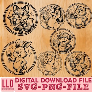 Könnte beinhalten: Schwarz-weiß digitale Download-Datei mit Cartoon-Tieren, darunter ein Fuchs, ein Pinguin, ein Bär, ein Hase, eine Kuh, ein Schwein und ein Papagei, die jeweils ein Getränk halten. Der Text "DIGITAL DOWNLOAD FILE SVG-PNG-FILE" steht unten.