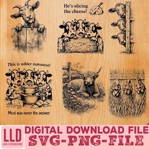 Puede incluir: Un archivo de descarga digital con ilustraciones en blanco y negro de animales de granja. Las imágenes incluyen una cabra, vacas, un toro y gallinas, con superposiciones de texto humorísticas como "He's slicing the cheese!" y "This is udder nonsense!" El tipo de archivo es SVG-PNG.