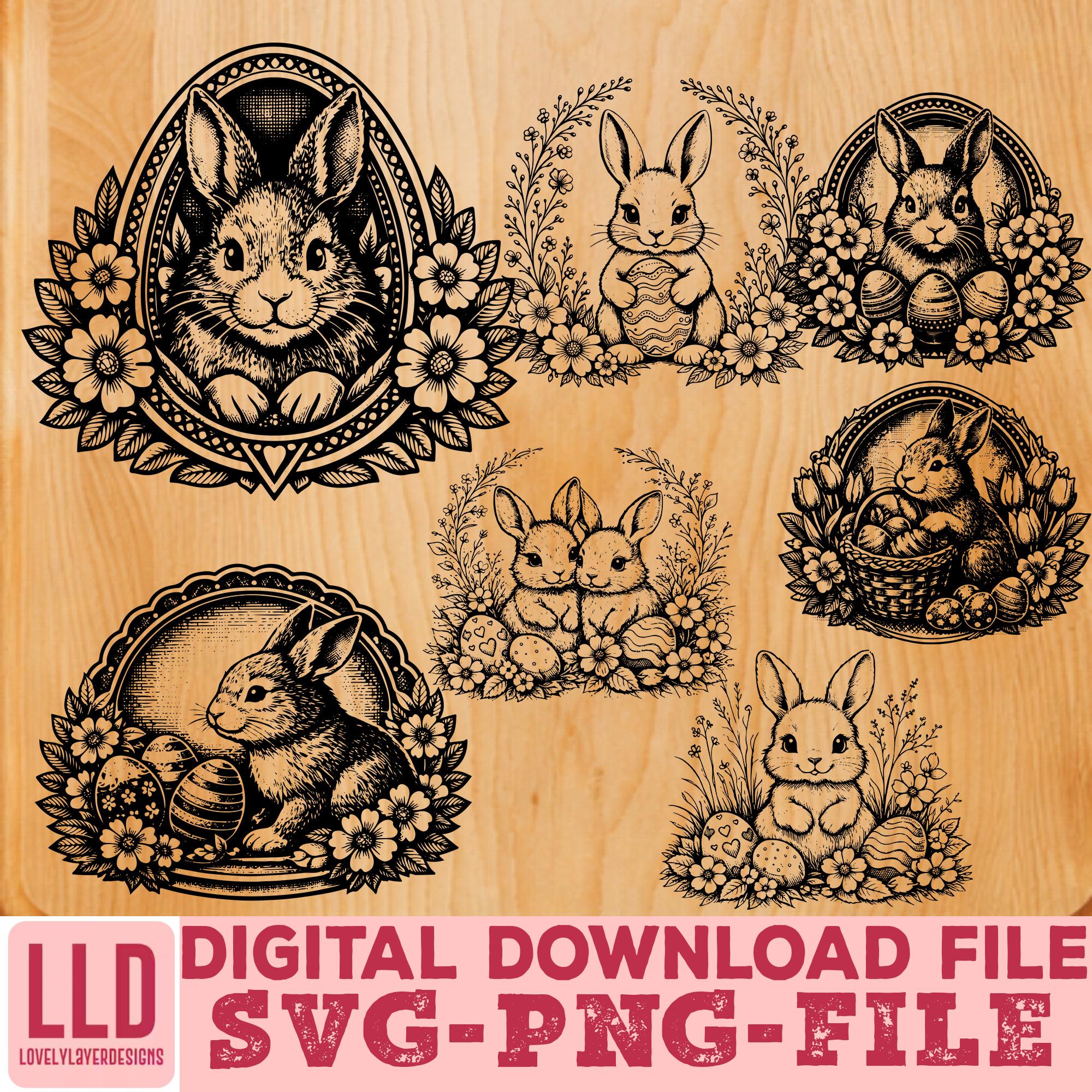 Easter Bunny SVG PNG Bundle, Set of 7 Rabbit Vector Designs, Laser ...