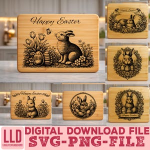 May include: A selection of wooden chopping boards with engraved Easter designs. The boards display images of rabbits, eggs, flowers, and the text "Happy Easter." The bottom of the image includes the text "DIGITAL DOWNLOAD FILE SVG-PNG-FILE."