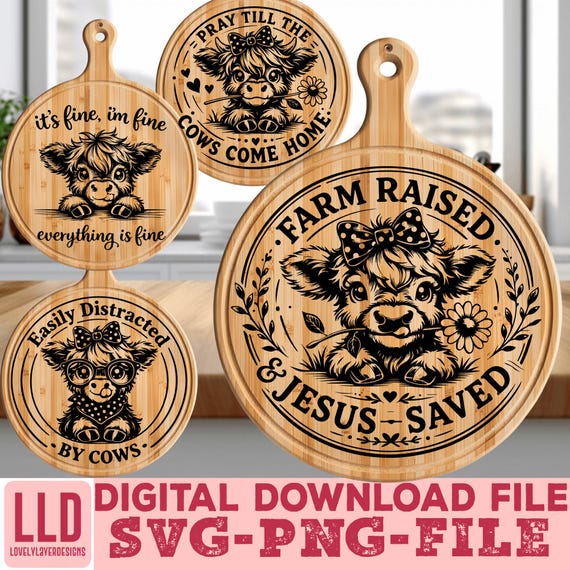 Baby Highland Cow SVG PNG Bundle, Cutting Board Laser Engraving Files, Charcuterie Board Designs, Farmhouse Kitchen Digital Download
