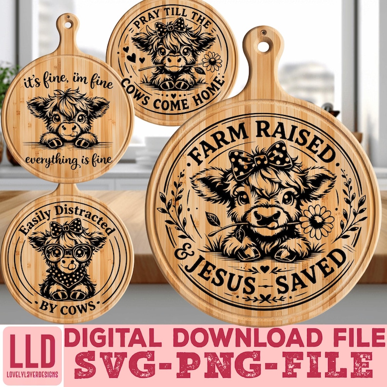 May include: A collection of four wooden cutting boards with cow-themed designs. Each board features a different cow illustration with text such as "Farm Raised & Jesus Saved" and "Easily Distracted by Cows." The boards are round and have a handle.
