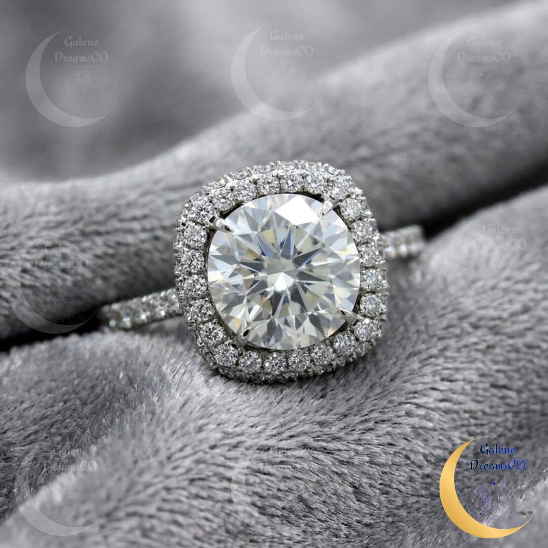 Sterling Silver Double Halo Round Cut Diamond Engagement Ring - Etsy