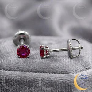 4mm Round Red Ruby Stud Earrings, 14K White Gold Finish, 925 Sterling Silver,